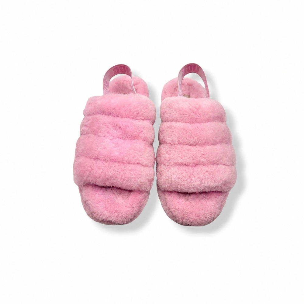 UGG Fluff Yeah Slide Slippers Womens 8 Pink Sheepskin Fur Logo Strap Sandals